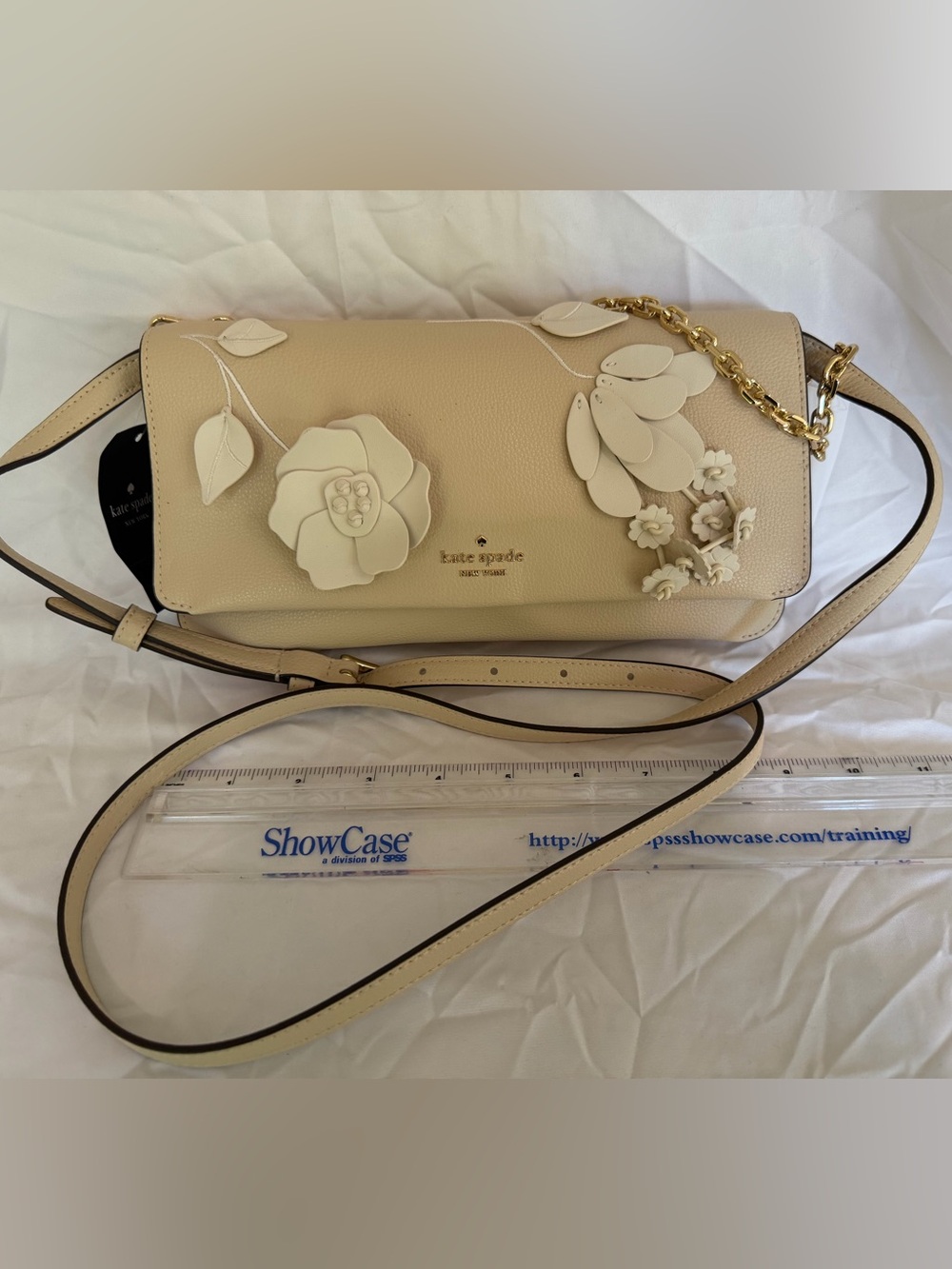 kate spade Cream Floral Appliqué Leather Crossbody with Gold Chain - NEW